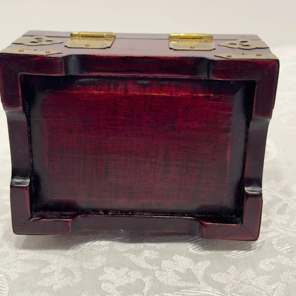 Vintage Chinese Carved Jade Stone & Rosewood Brass Pink Silk Lined Jewelry Box